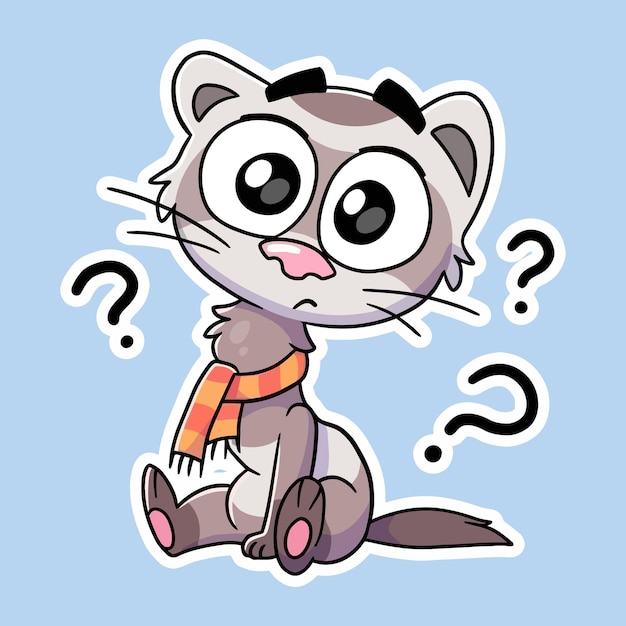 cute cat sticker sitting with a confused face question marks around wearing a scarf