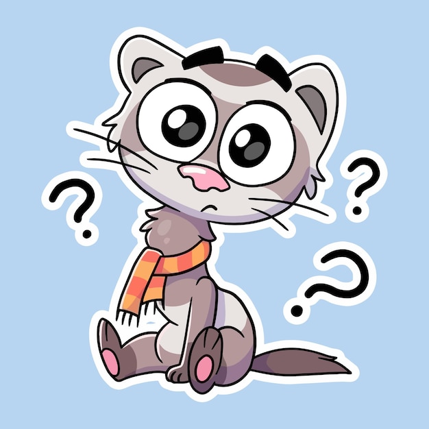 Cute cat sticker sitting with a confused face question marks around wearing a scarf