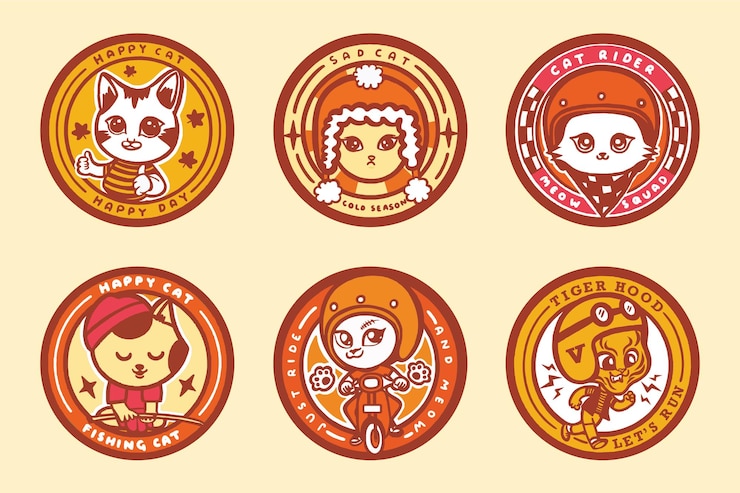 Vector cute cat stiker patch rider helmet motorcycle hat fishing run cat badge illustration