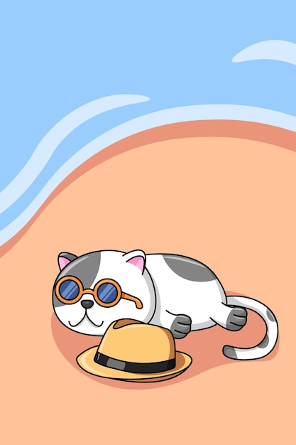 Cute Cat Sunbathing on the Beach Cartoon Illustration