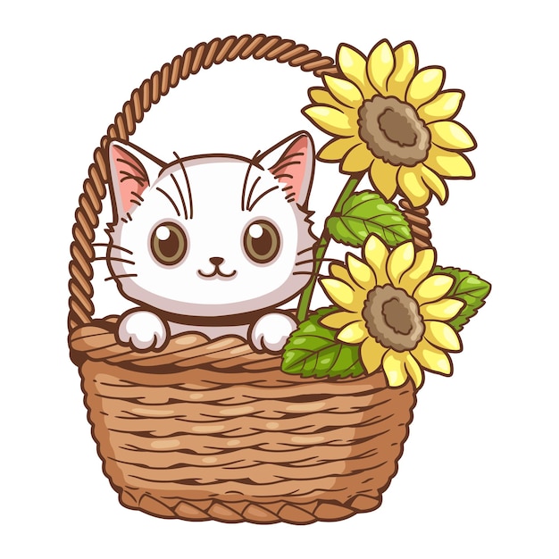 귀여운 고양이와 해바라기 만화 벡터 일러스트 레이 션 작은 귀여운 흰색 고양이 바구니에 있었다