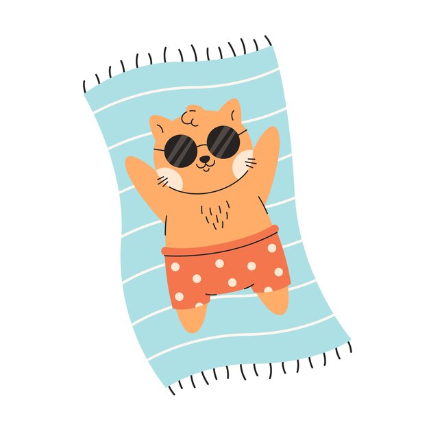 Cute cat in sunglasses sunbathing on a beach Summer time summer holidays vacation
