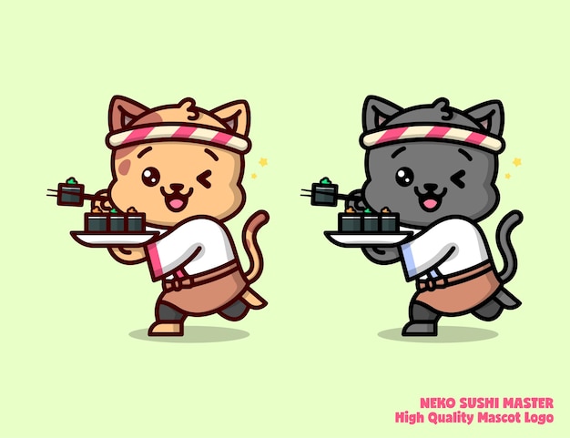 Cute cat in sushi master outfit smiling in two deference color. suitable for food businessor company logo.
