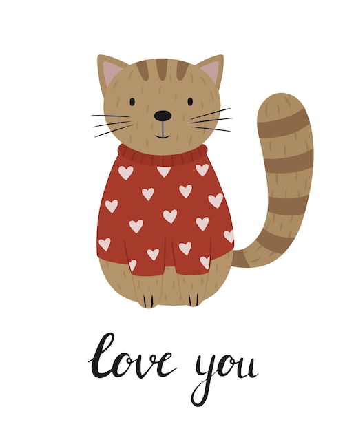 Милый кот в свитере с сердечками Ручная поздравительная открытка ко Дню Святого Валентина Вектор
