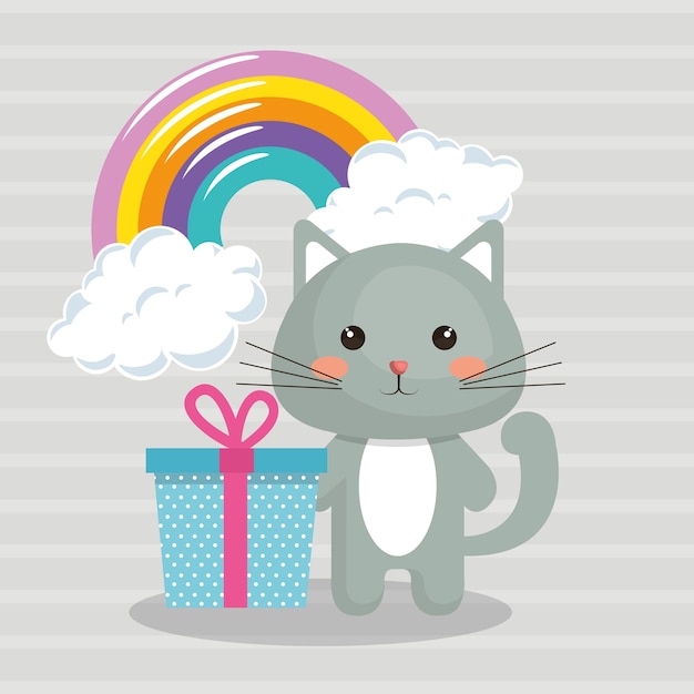 Cute cat sweet kawaii with gift birthday card