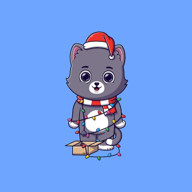 Vector cute cat tangled in christmas lights