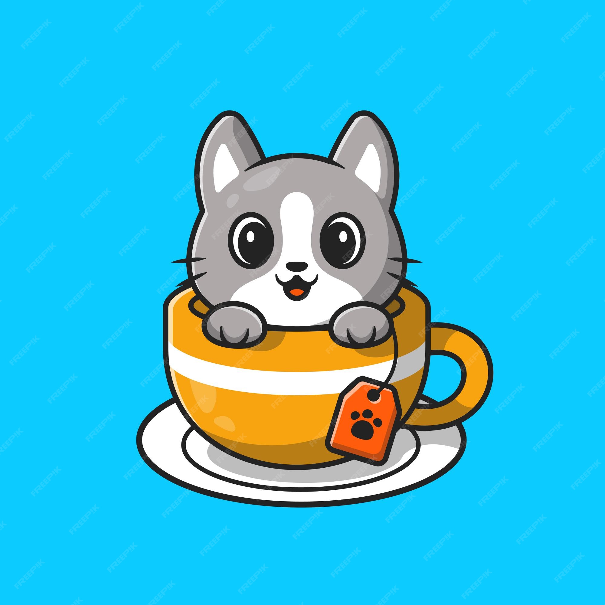 Premium Vector | Cute cat in tea cup cartoon icon illustration. Premium Vector | Cute Cat In Tea Cup Cartoon Icon Illustration.