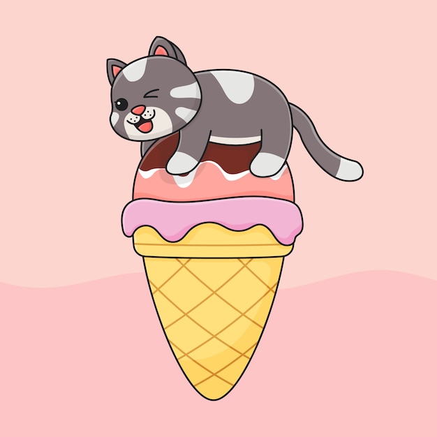 Vector cute cat on top of ice cream