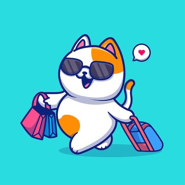 Милый кот, путешествующий с чемоданом и сумкой мультфильм векторная икона иллюстрация животный праздник изолирован