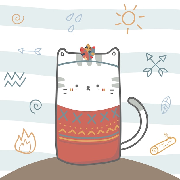 Cute cat tribal boho cartoon doodle animal