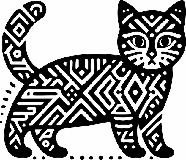 可愛い猫の部族のタトゥー 猫を大胆な線と複雑なパターンで描く方法