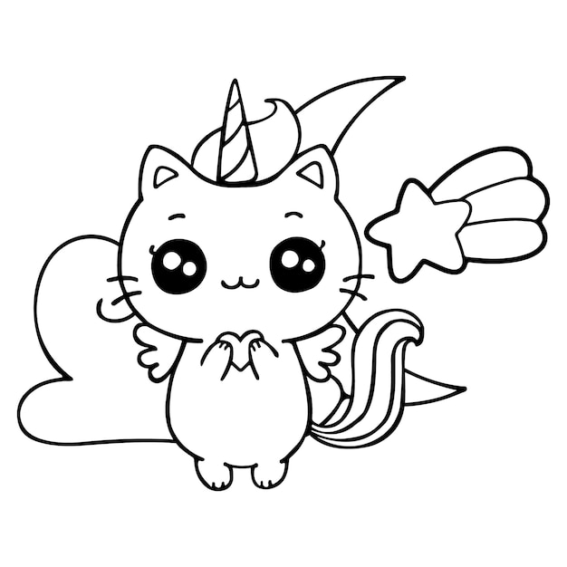 벡터 귀여운 고양이 유니콘과 별 무지개 만화 일러스트레이션