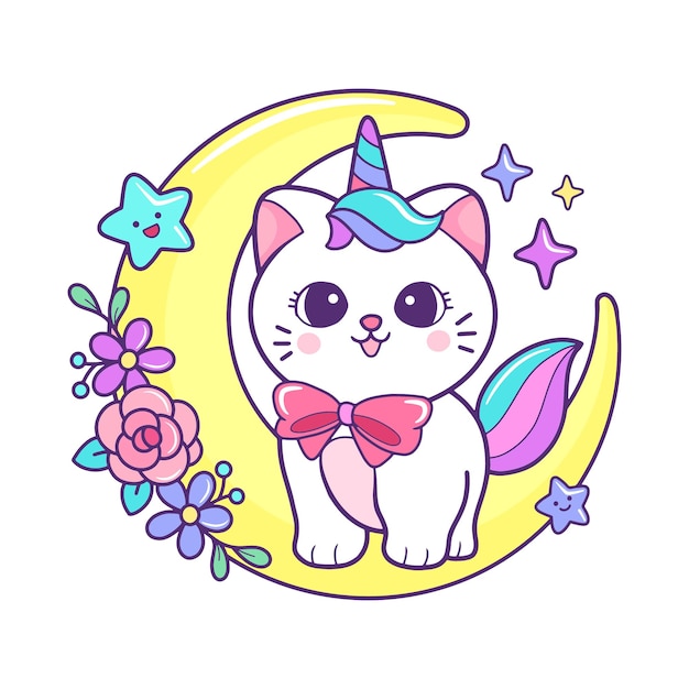 Cute cat unicorn on the crescent moon cartoon illustratio