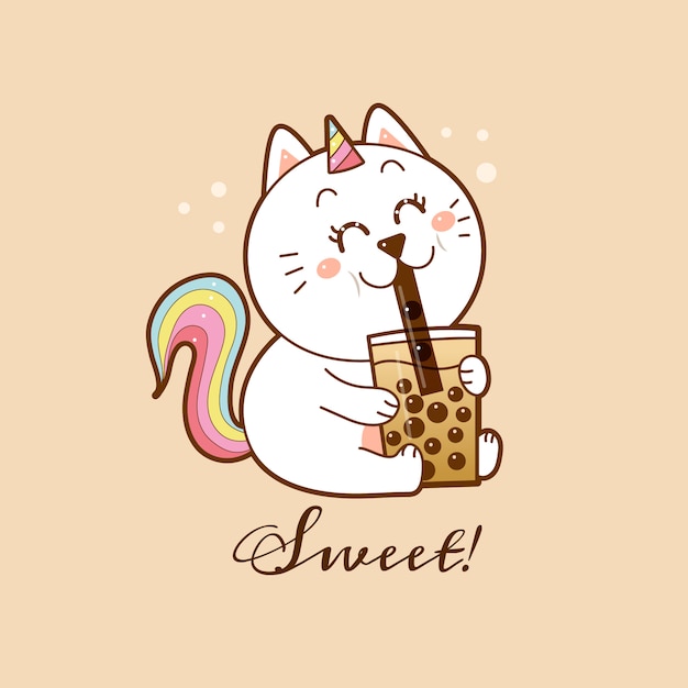 Vector cute cat unicorn drinking a bubble tea.