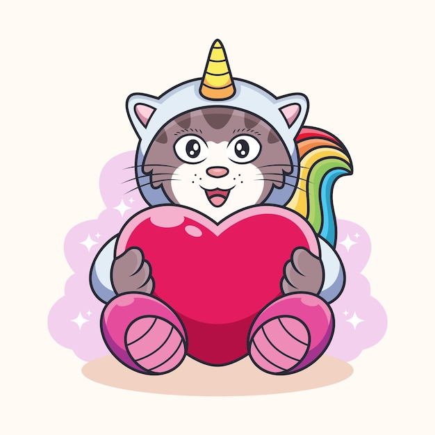 Cute cat unicorn hugs love cartoon Animal vector icon illustration isolated on premium vector