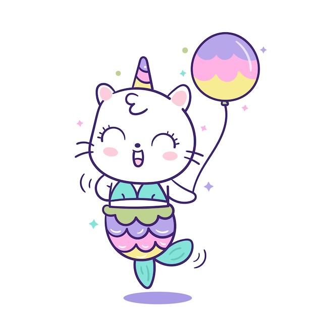 Vector cute cat unicorn mermaid vector holding balloon