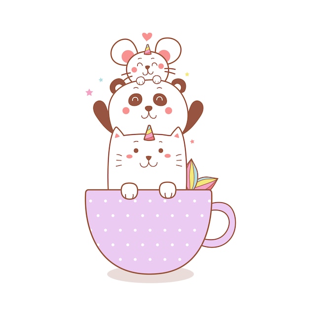 Vector cute cat unicorn, panda and rat cartoon in the cup.