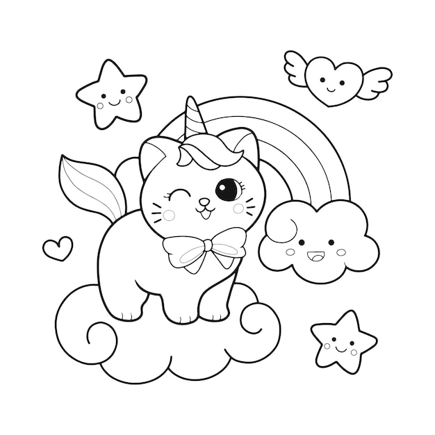 Cute cat unicorn and rainbow hand drawn coloring page