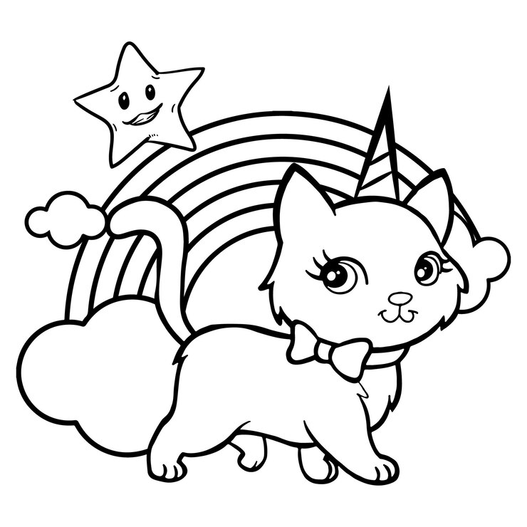 귀여운 고양이 유니콘과 별 무지개 만화 일러스트 레이션