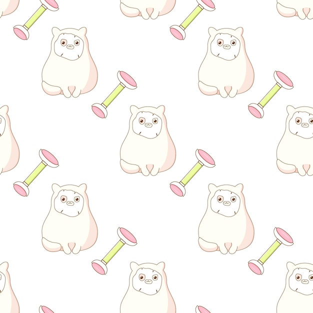 cute cat uses kawaii korean cosmetics seamless pattern rollerball face vector illu