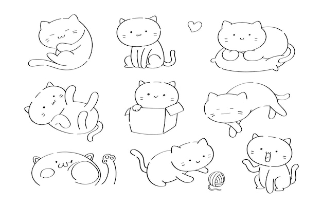 ベクトル かわいい猫の落書き線画スタイルで描くさまざまなアクション かわいい猫の落書きセット 手描き