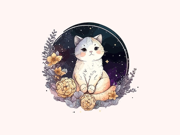 Cute Cat Vector illustration decorated with flowers in cosmic background
