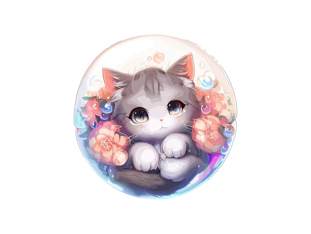 Cute Cat Vector illustration with flowers in round bubble