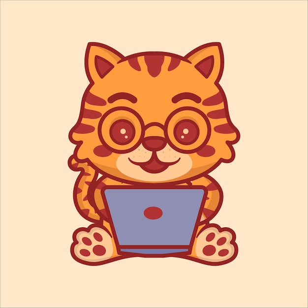 Cute cat watching laptop cartoon illustration