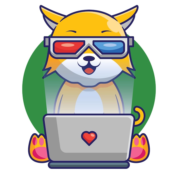 Vector cute cat watching movie on laptop cartoon design