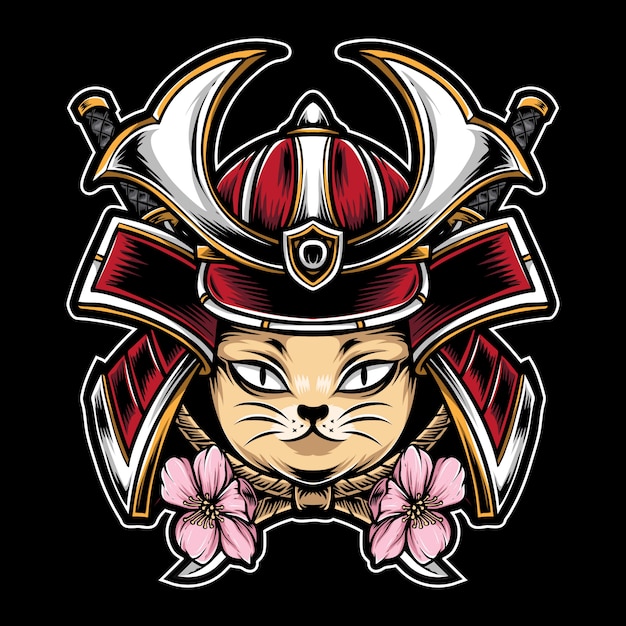 Cute cat wear samurai helmet tattoo illustration