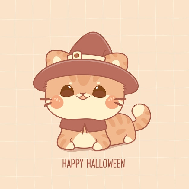 Illustrazione di arte di kawaii del fumetto di halloween felice del costume della strega di usura del gatto sveglio