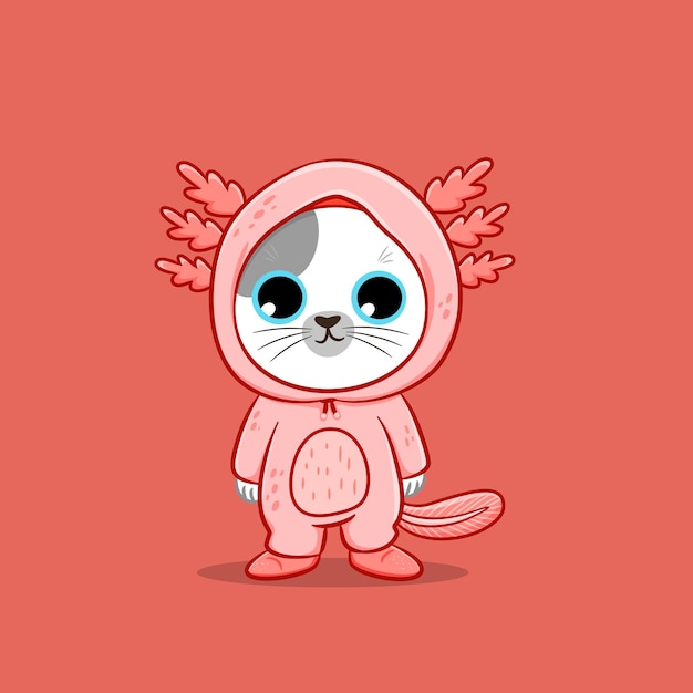 Cute cat wearing axolotl costume cartoon vector icon illustration