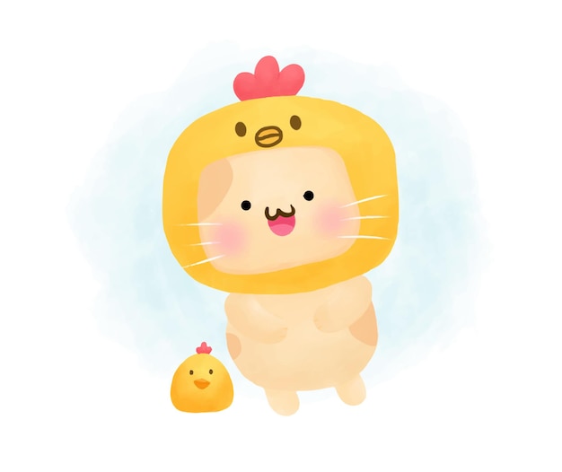 Vector cute cat wearing chicken costume in water color style with friend