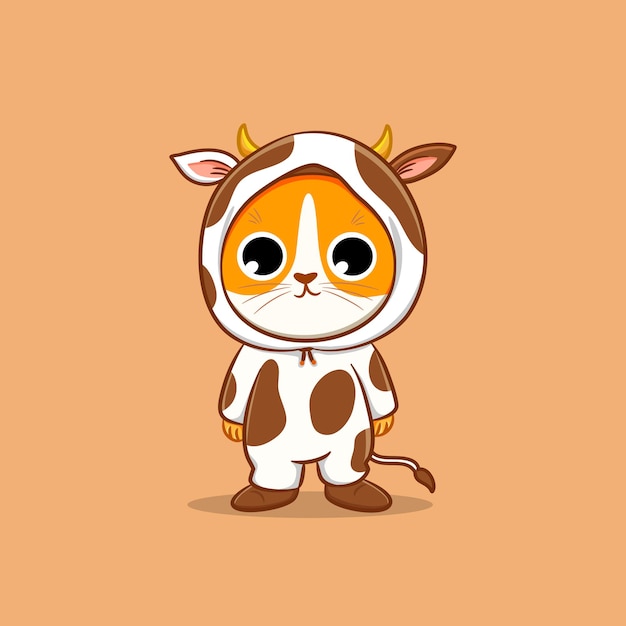 Cute cat wearing cow costume cartoon vector icon illustration
