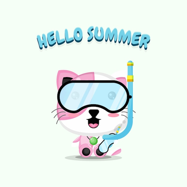 夏の挨拶でダイビング用品を身に着けているかわいい猫
