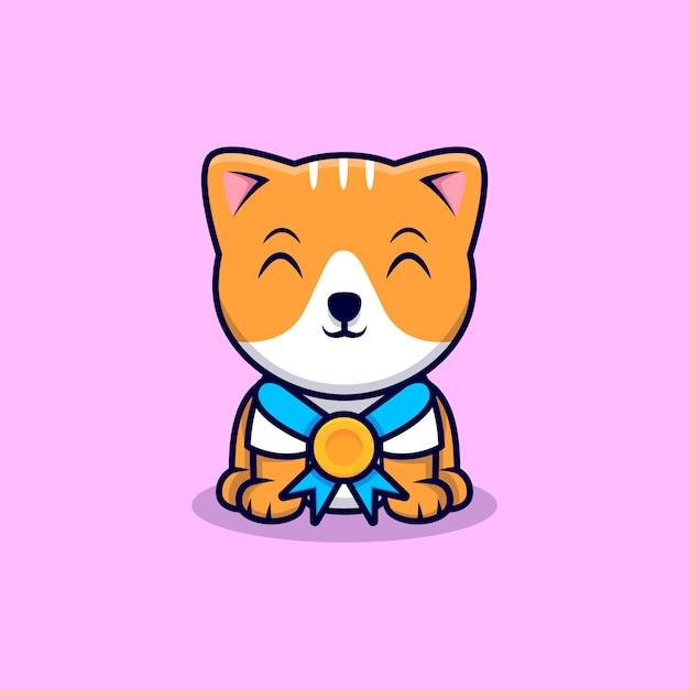 Simpatico gatto che indossa una medaglia d'oro cartoon icon illustration. stile cartone animato piatto