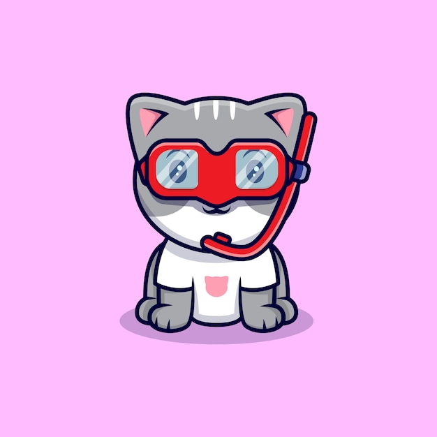 Simpatico gatto che indossa un occhialini da nuoto cartoon icon illustration. stile cartone animato piatto