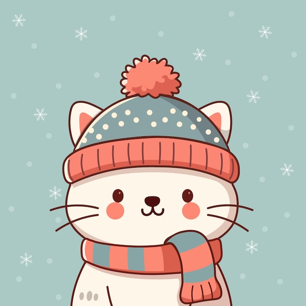 Vector cute cat wearing winter hat and scarf with snowing background