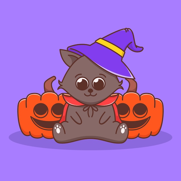 cute cat wearing witch hat illustration