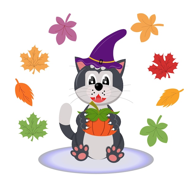 Vector a cute cat in a witch's hat holds a festive pumpkin in his hands. halloween.