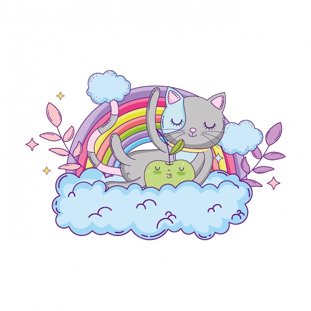 Cute cat with apple fresh and rainbow