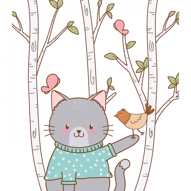 Cute cat with bird woodland character