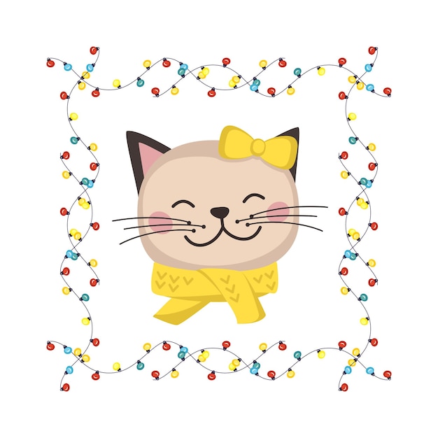 조명이 있는 축제 화환으로 만든 프레임이 있는 유치한 스타일의 활과 스카프가 있는 귀여운 고양이