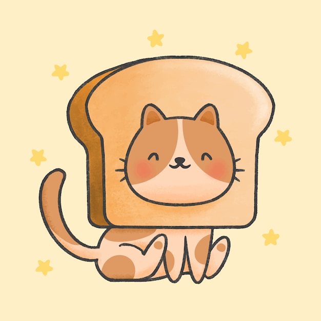 Cute cat with bread hat cartoon hand drawn style