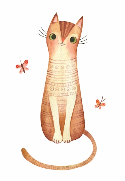 Cute cat with butterflies watercolor illustration