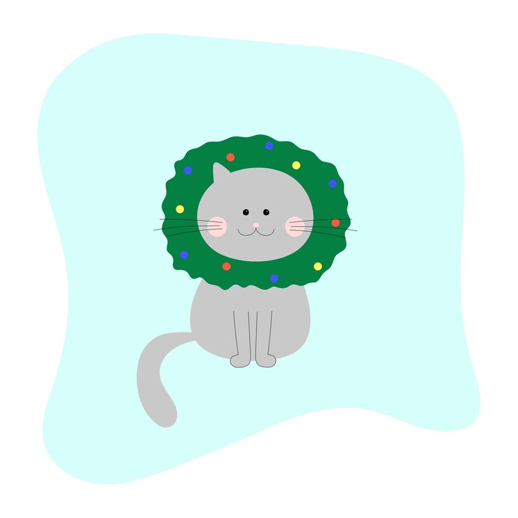 Vector cute cat with a christmas tree wreath on his head