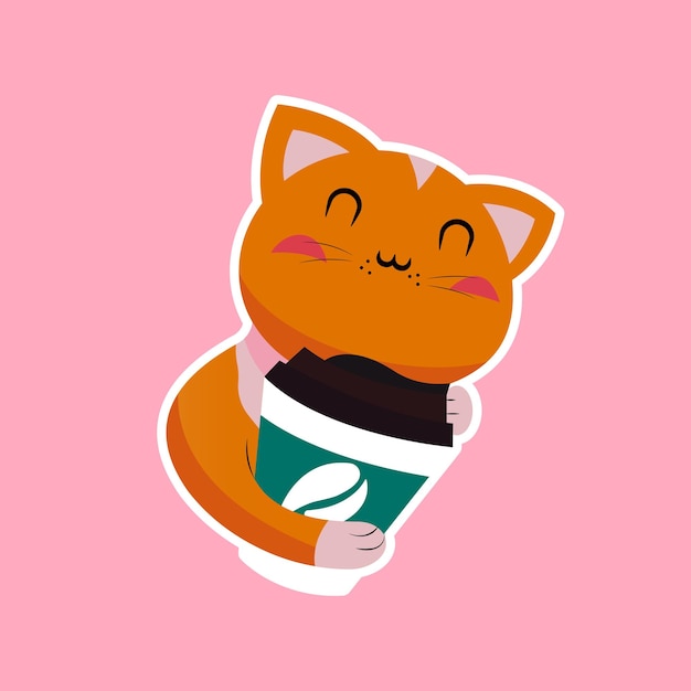 Cute cat with coffee cup colored vector illustration eps 10 Coffeeshop icon isolated on pink