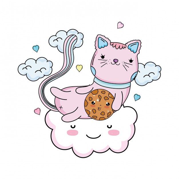 Vector cute cat with cookie in cloud