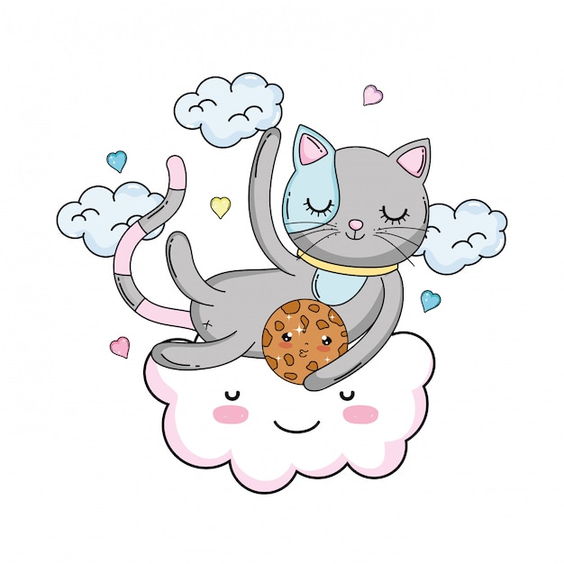 Premium Vector | Cute cat with cookie in cloud