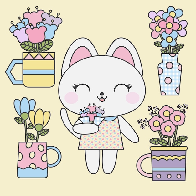 さまざまな花を持つかわいい猫